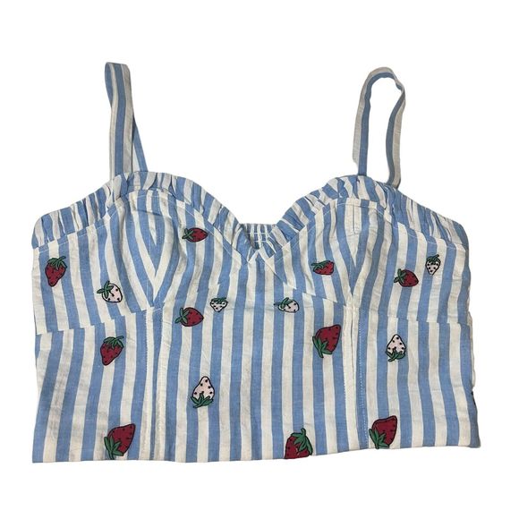 ANTHROPOLOGIE Maeve Striped Strawberry Embroidered Cami Blue White Tube Top 12 - Picture 1 of 10